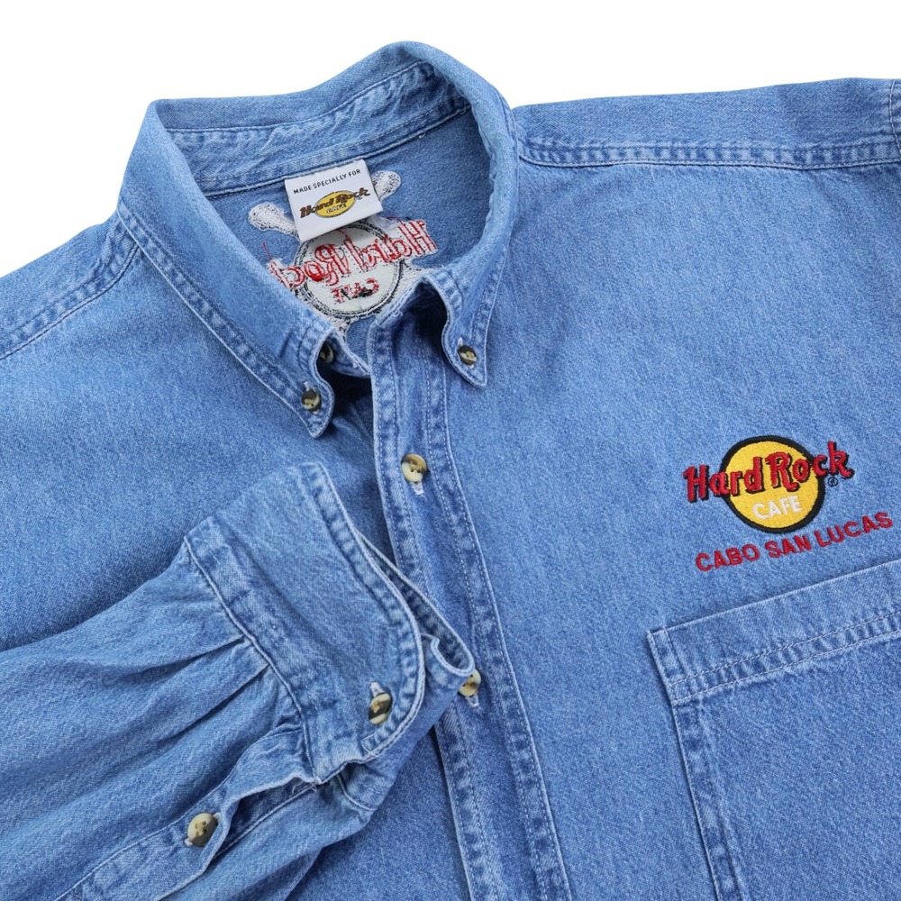 Hard Rock Cafe Cabo San Lucas Denim Shirt XL Blue Embroidered Button Down Mens